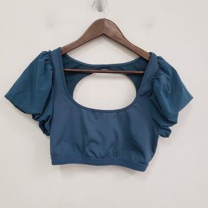 Free People Movement Womens Blue Crop Top Size M Blue Puff Sleeve Activewear